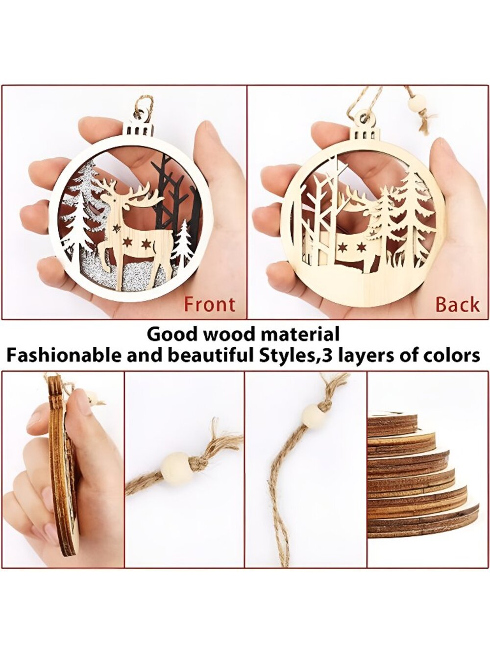 Winter Wonderland Ornaments for Christmas Tree - 6 Pack Christmas Wooden